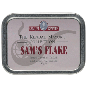 Lata Samuel Gawith Sam’s Flake 50 g abierta con láminas de tabaco marrón con vetas doradas.
