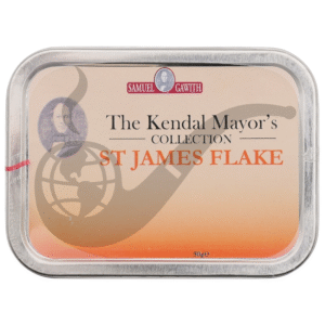 Lata Samuel Gawith St. James Flake 50 g abierta con láminas oscuras y brillantes de tabaco prensado.